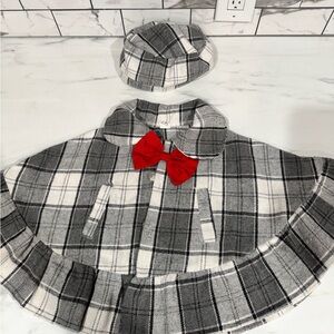 Girls Plaid Cape and Beret Set with Red Bow
